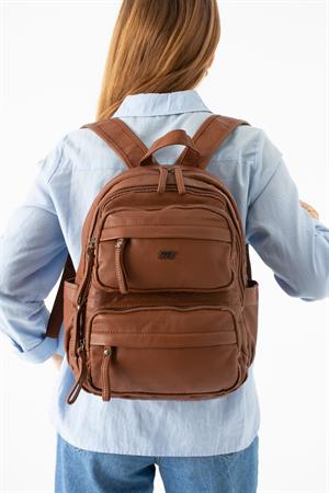 Yıkanmış Deri Sırt Çantası Taba Model: (571-14-11U)