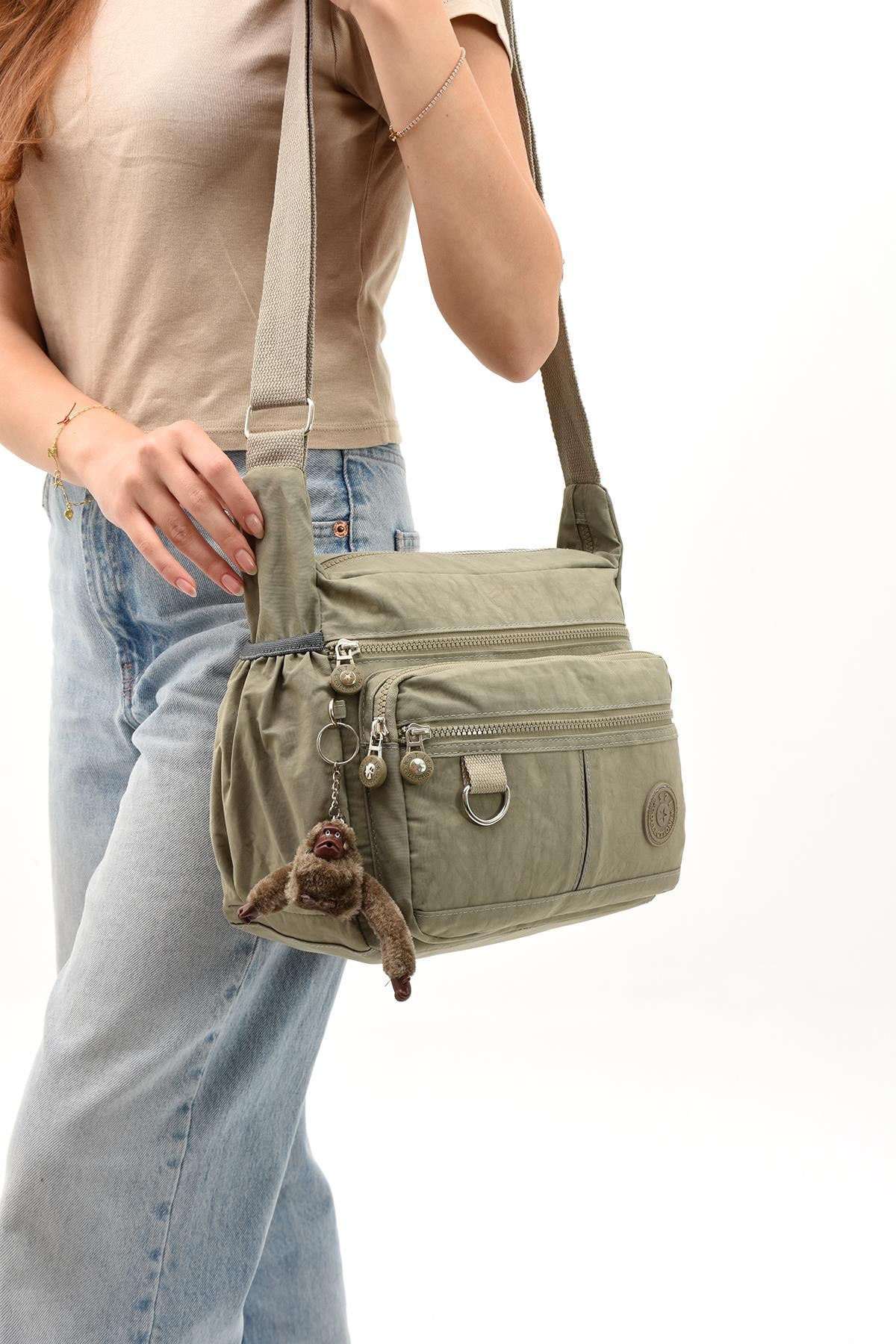 Çapraz Askılı Ultra Hafif Çok Cepli Bayan Omuz Çantası Vizon (Model: 571-6D) 