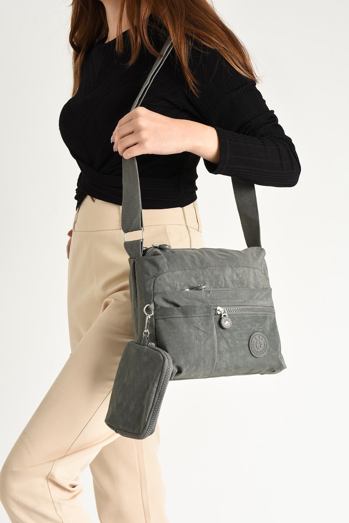 Çapraz Askılı Ultra Hafif Çok Cepli Bayan Omuz Çantası Gri (Model: 571-6I)