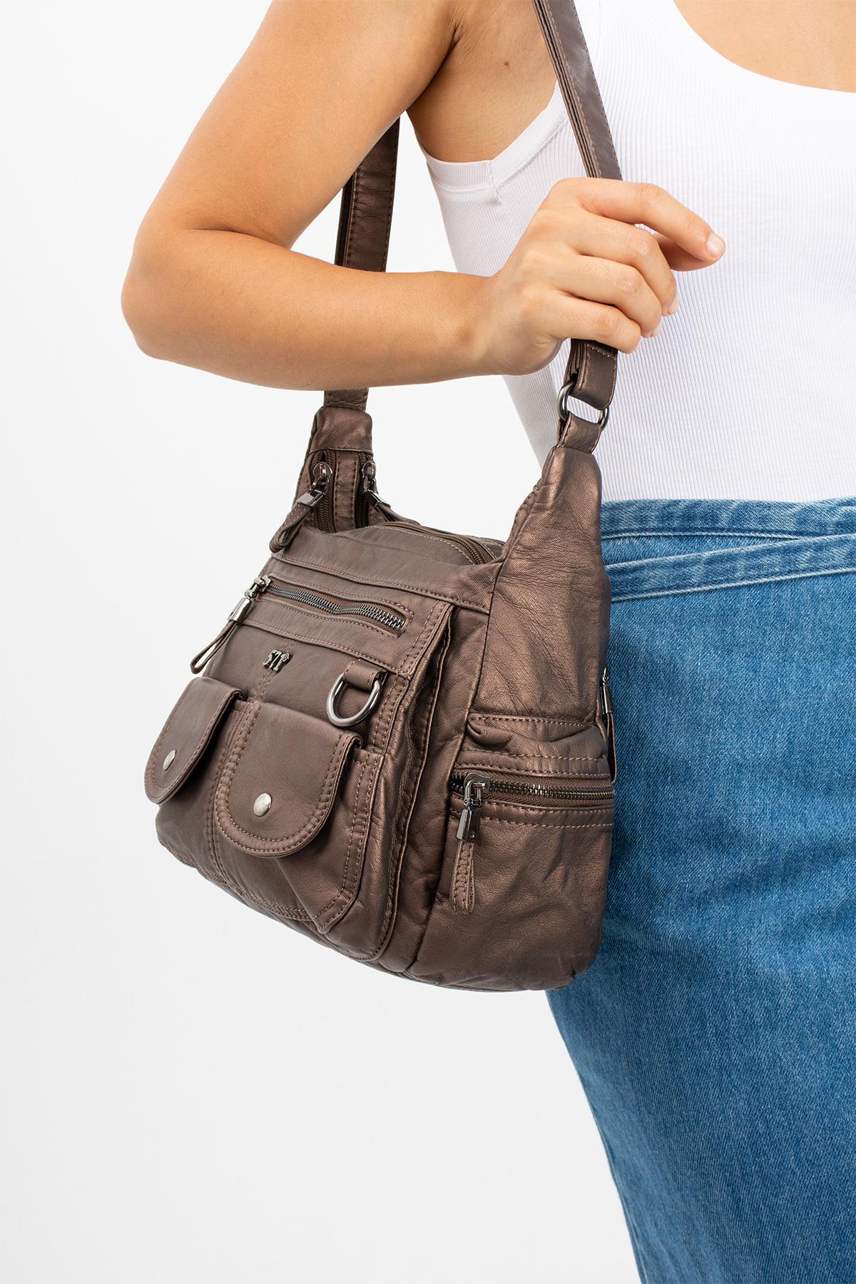 Suni Deri Omuz Çantası Bronz (Model: 571-11-10G) 