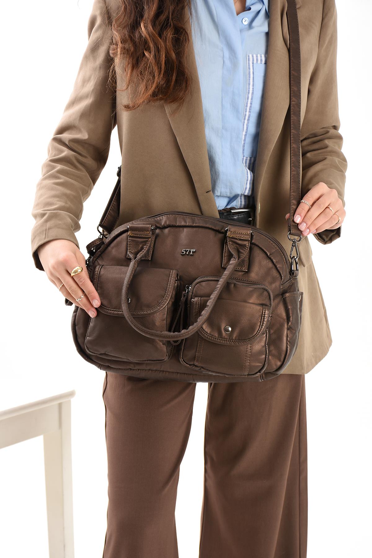 Suni Deri Omuz Çantası Bronz (Model: 571-13-10N) 
