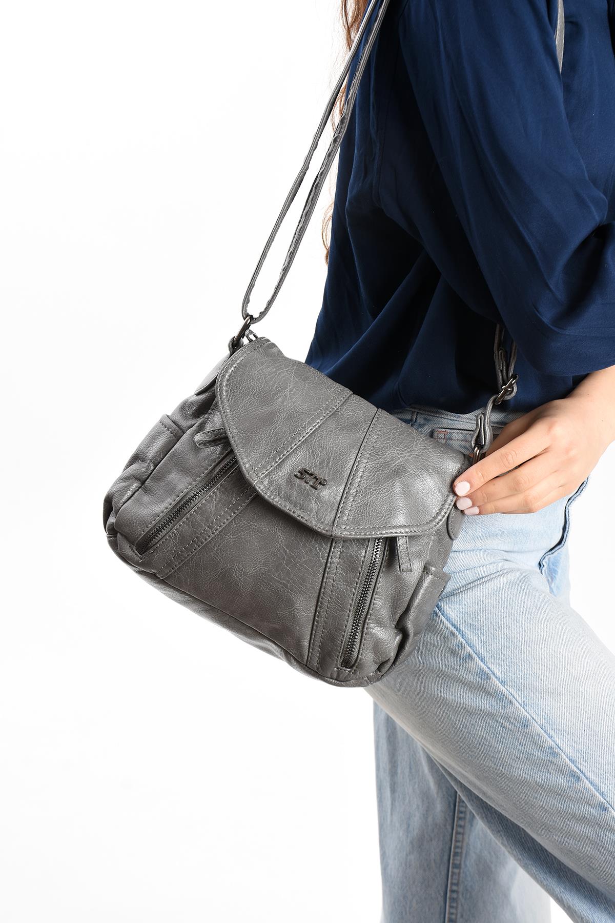 Suni Deri Omuz Çantası Gri (Model: 571-13-13N) 