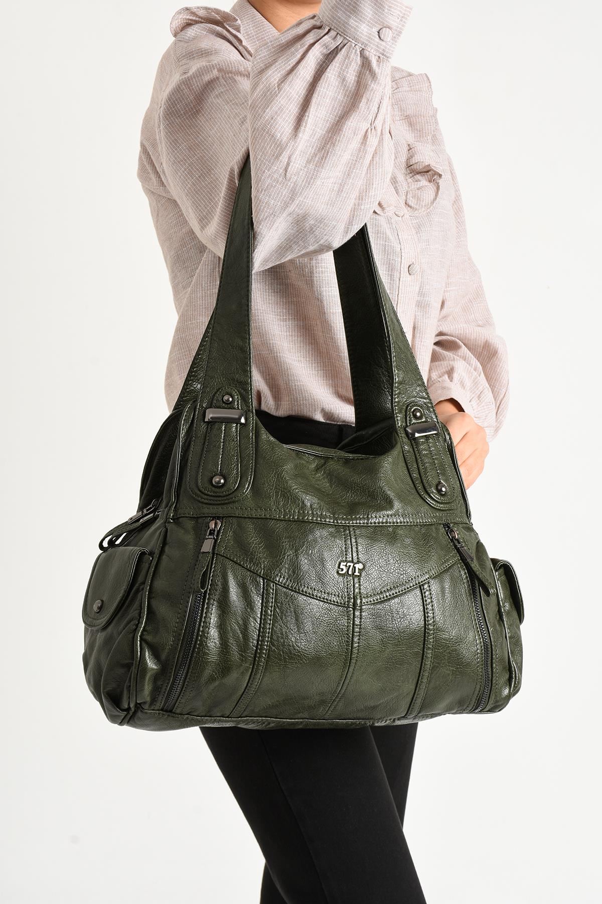 Yıkanmış Deri Omuz Çantası Yeşil (Model: 571-11-13C)