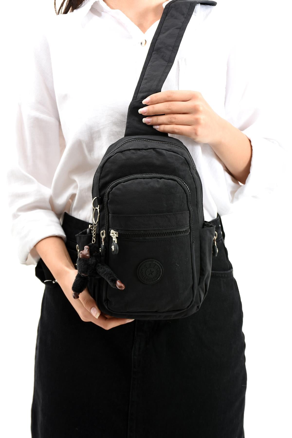 Üç Bölmeli Bodybag Göğüs Omuz Çantası Unisex Siyah (Model: 571-8B)