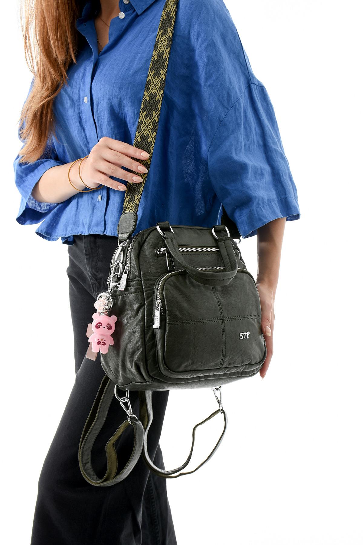 Üç Fonksiyonlu Suni Deri Sırt, Omuz, ve El Çantası Yeşil Gri (Model: 571-13-17B)