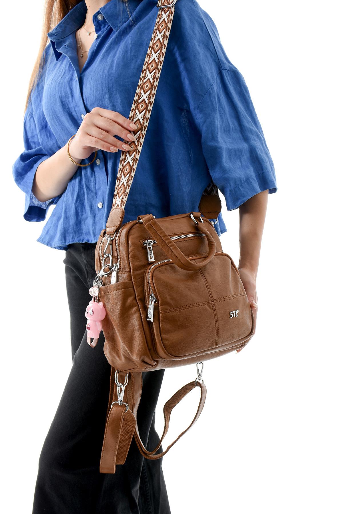 Üç Fonksiyonlu Suni Deri Sırt, Omuz, ve El Çantası Taba  (Model: 571-13-17B)