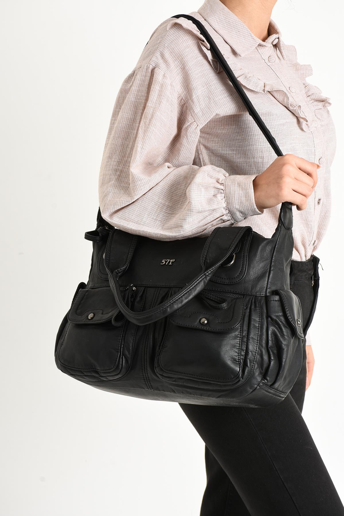 Yıkanmış Deri Çok Bölmeli Omuz Çantası Siyah (Model: 571-11-10F)