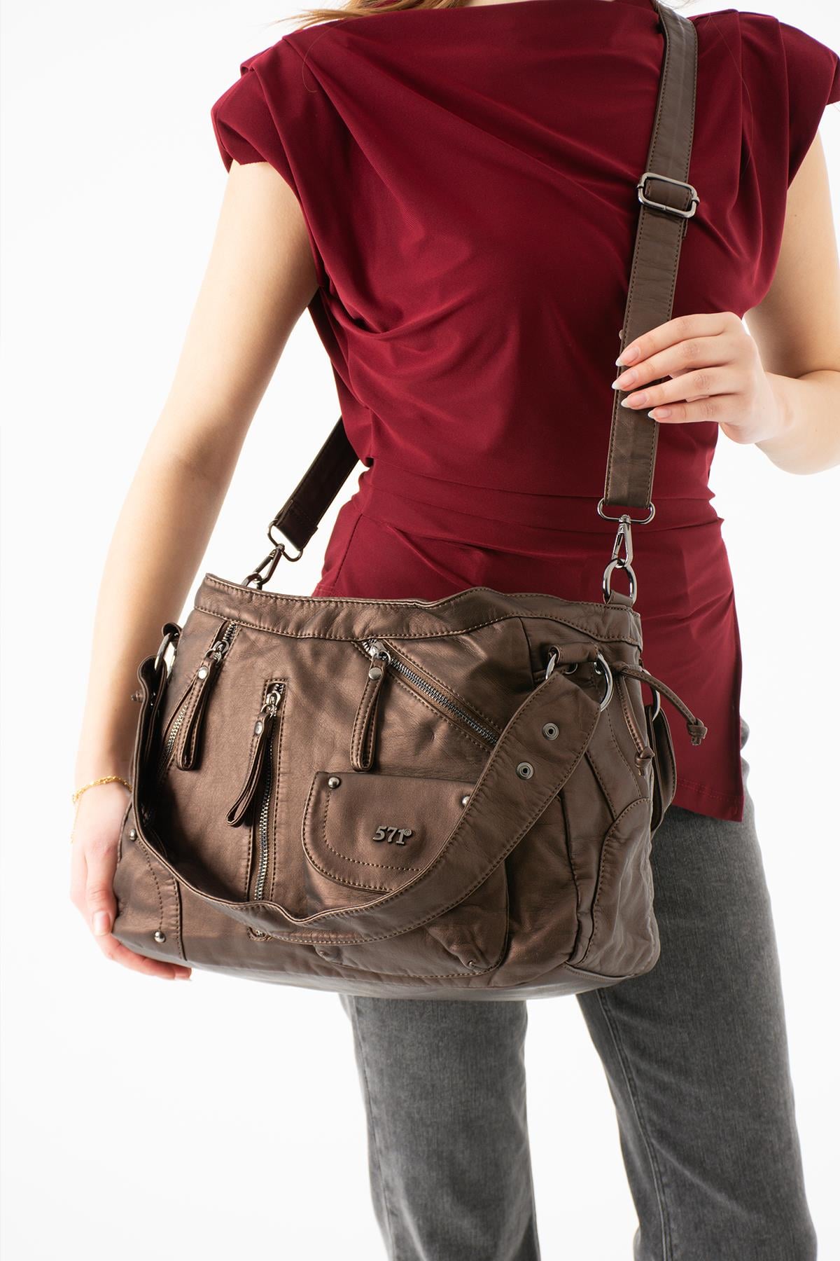571-14-11KYıkanmış Deri Çok Bölmeli Omuz Çantası Bronz Model:(571-14-11K)