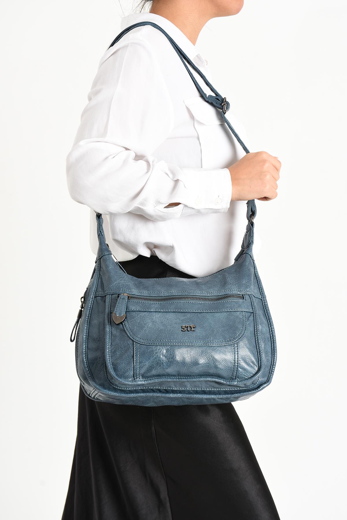 Yıkanmış Deri Omuz Çantası Mavi (Model: 571-11-13F) 