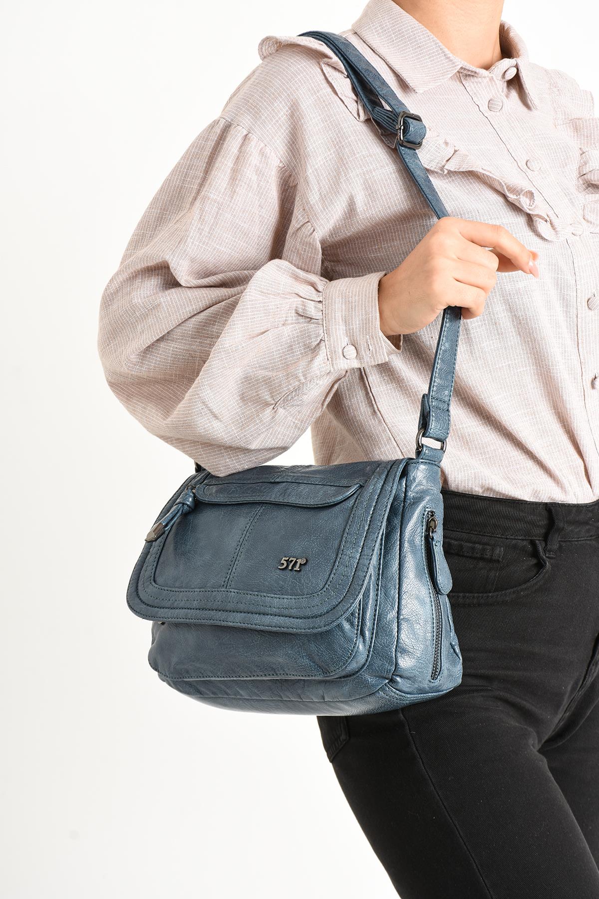 Yıkanmış Deri Omuz Çantası Mavi (Model: 571-11-13E) 