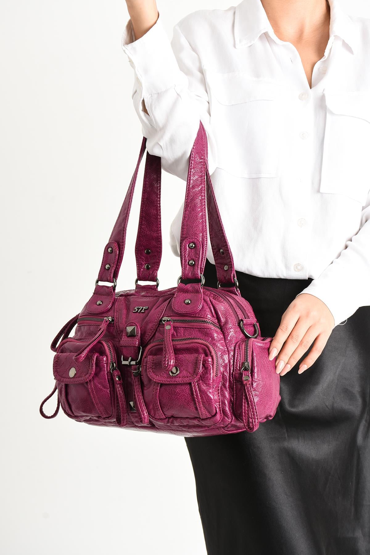 Yıkanmış Deri Omuz Çantası Pembe (Model: 571-11-13D) 