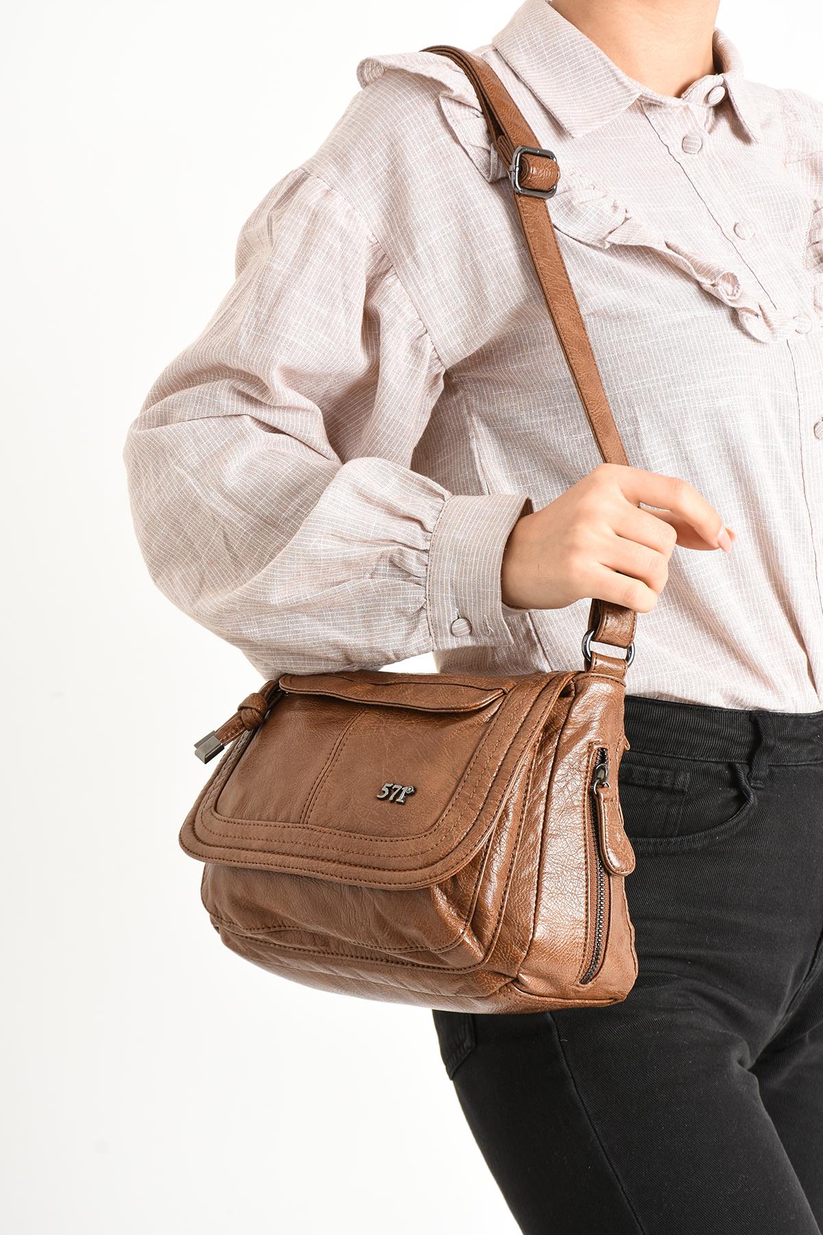 Yıkanmış Deri Omuz Çantası Taba (Model: 571-11-13E) 
