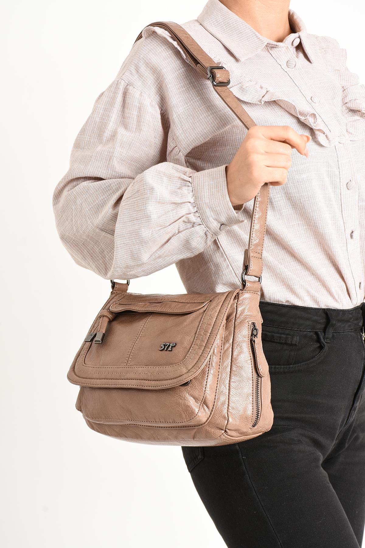 Yıkanmış Deri Omuz Çantası Vizon (Model: 571-11-13E) 
