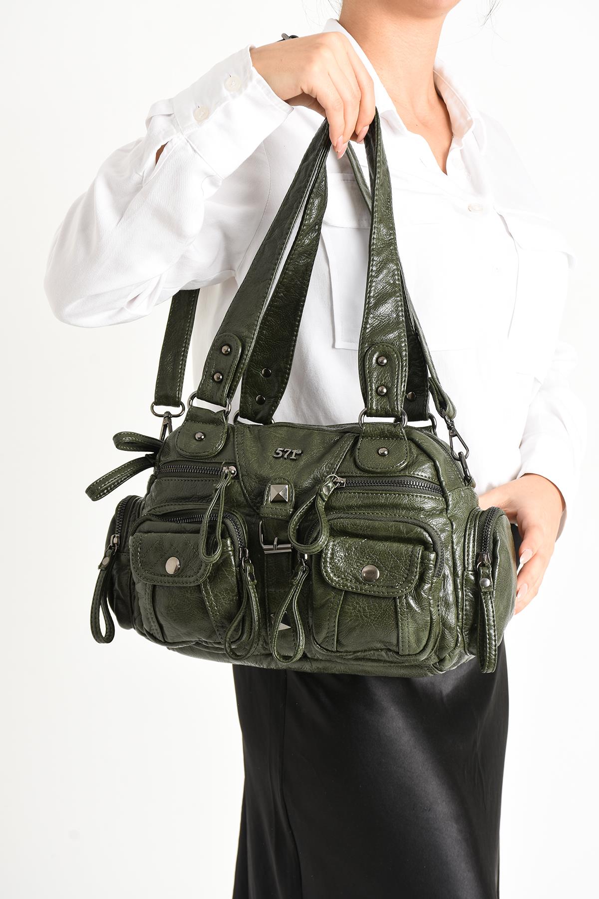 Yıkanmış Deri Omuz Çantası Yeşil (Model: 571-11-13D) 