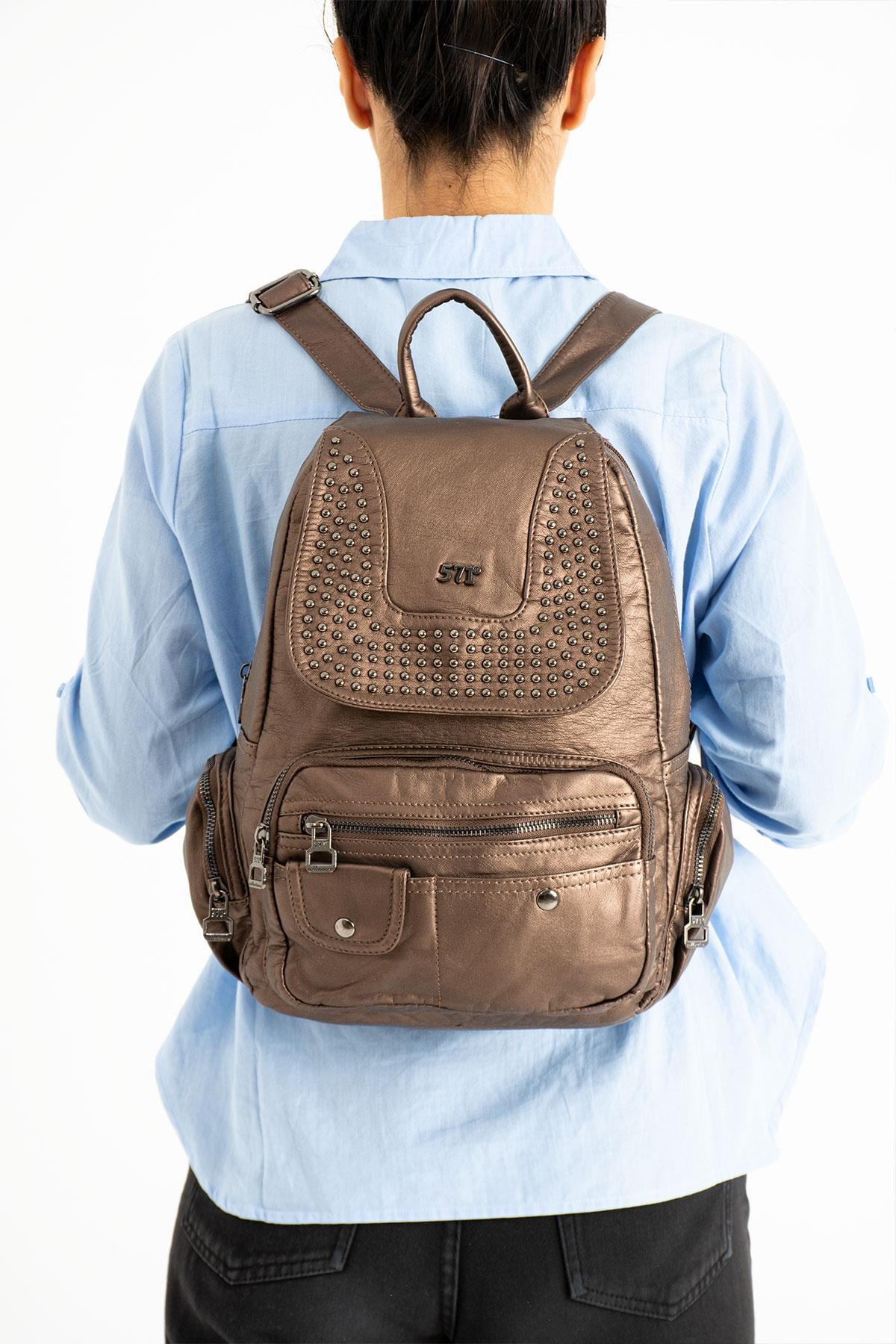 Yıkanmış Deri Sırt Çantası Bronz (Model: 571-9-11D) 