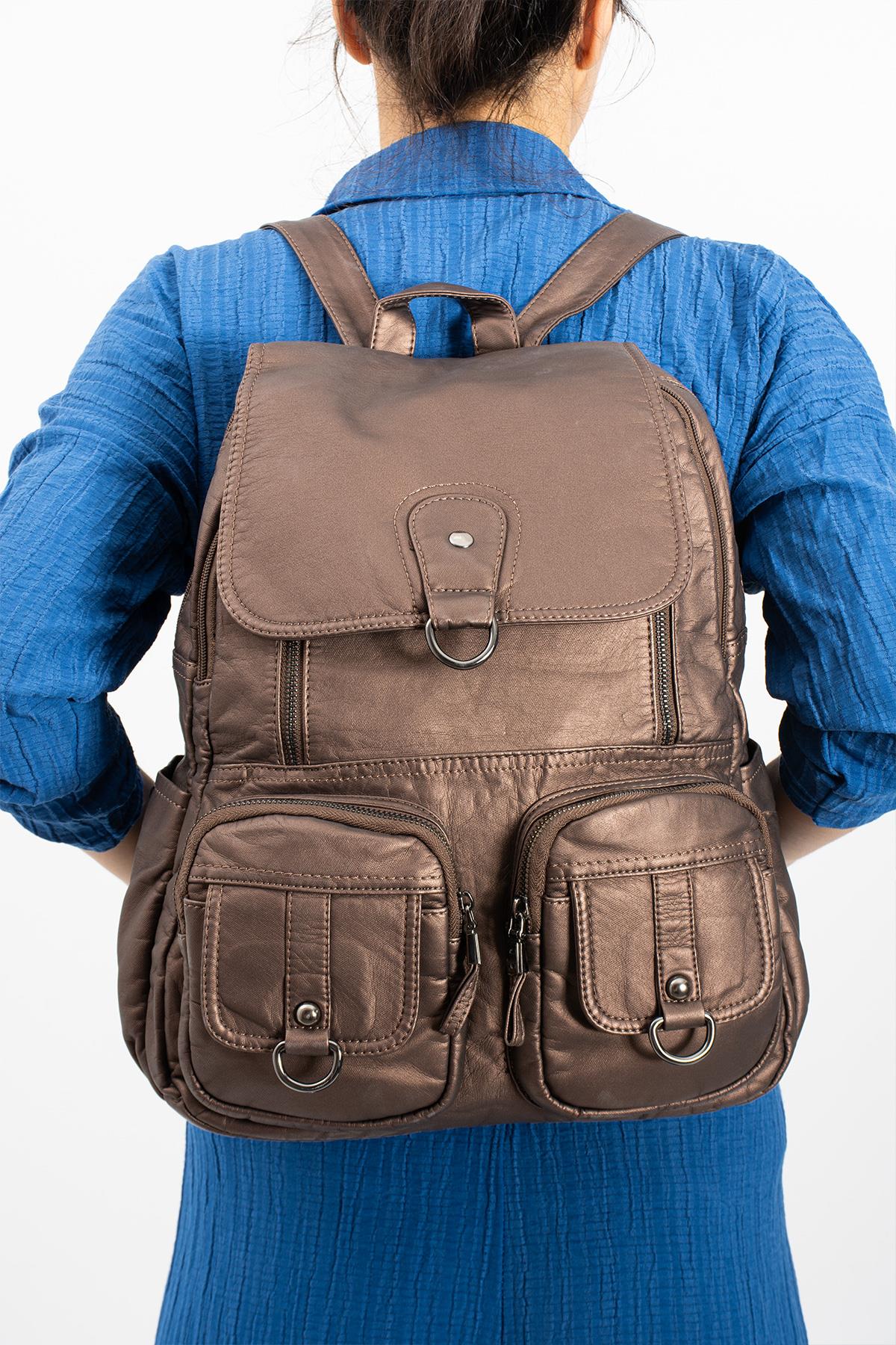 Yıkanmış Deri Sırt Çantası Bronz (Model: 571-11-11E)