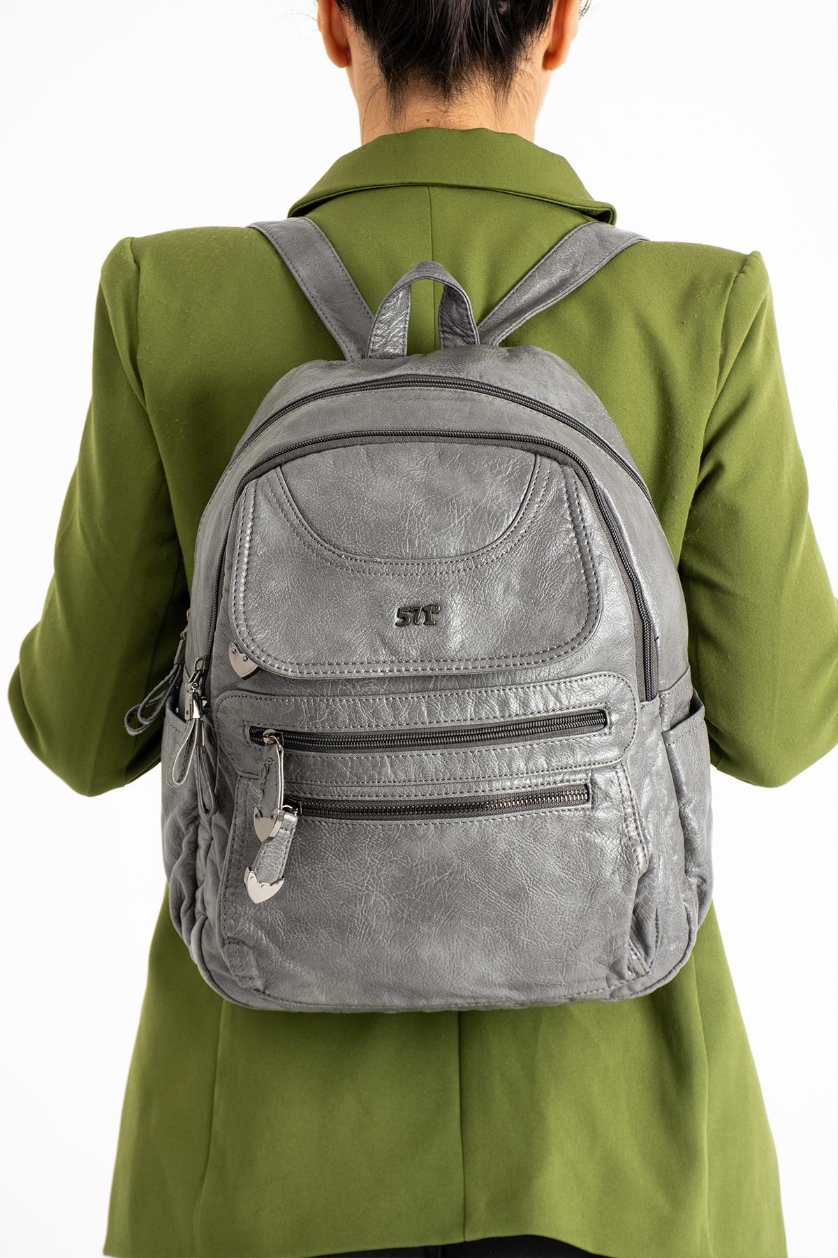 Yıkanmış Deri Sırt Çantası Gri (Model: 571-11-12G)