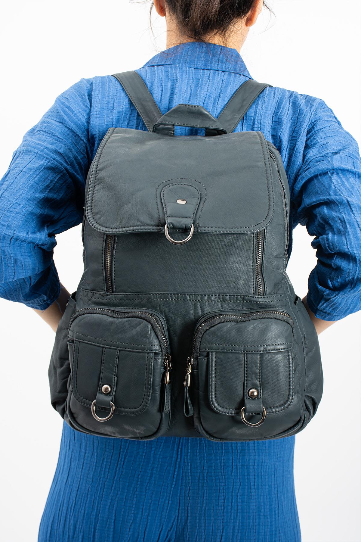 Yıkanmış Deri Sırt Çantası Mavi (Model: 571-11-11E)