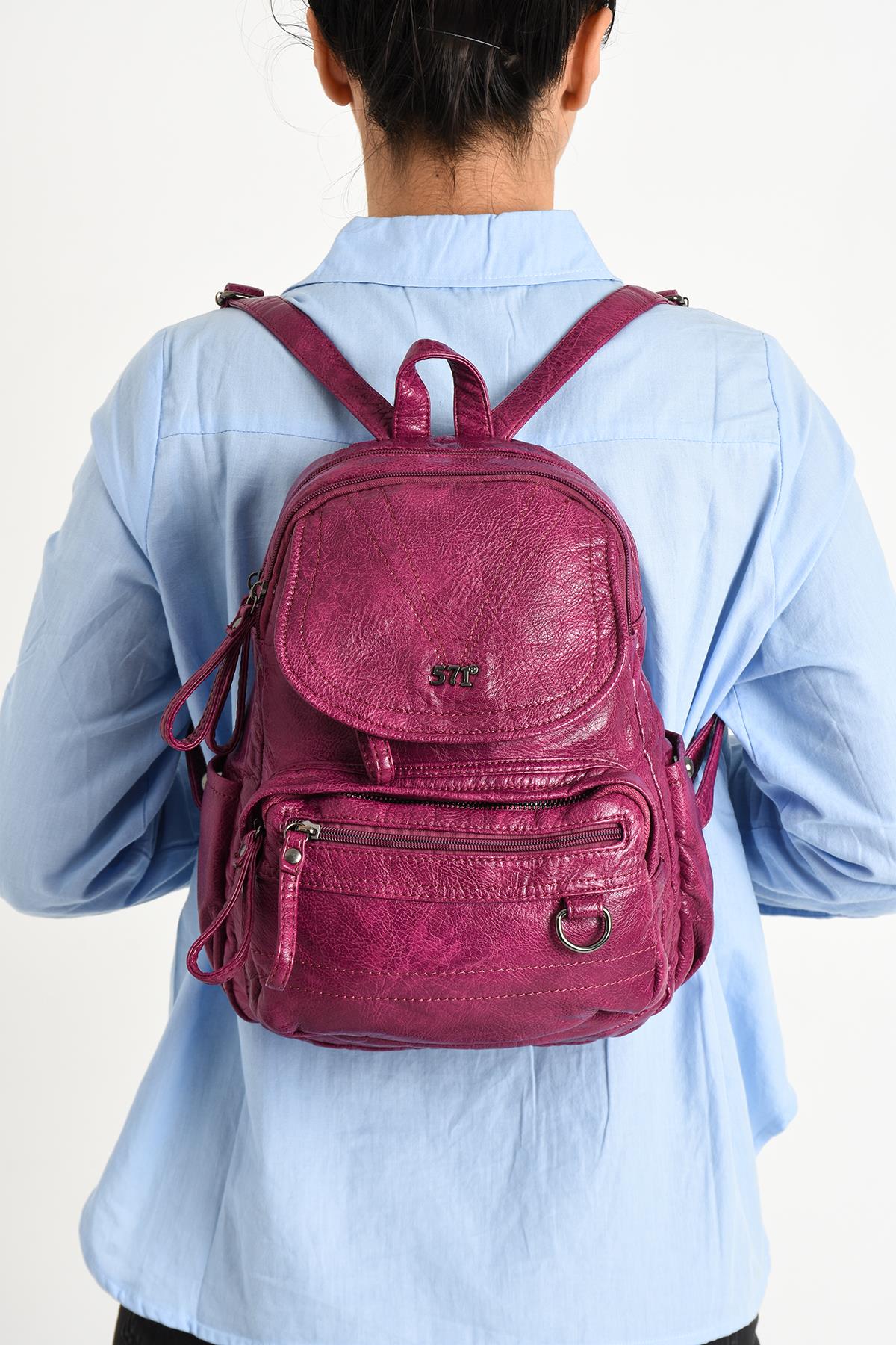 Yıkanmış Deri Sırt Çantası Pembe (Model: 571-11-12H)
