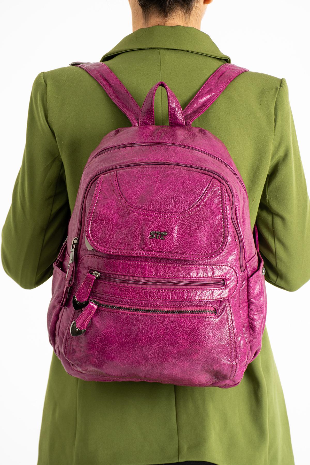 Yıkanmış Deri Sırt Çantası Pembe (Model: 571-11-12G)