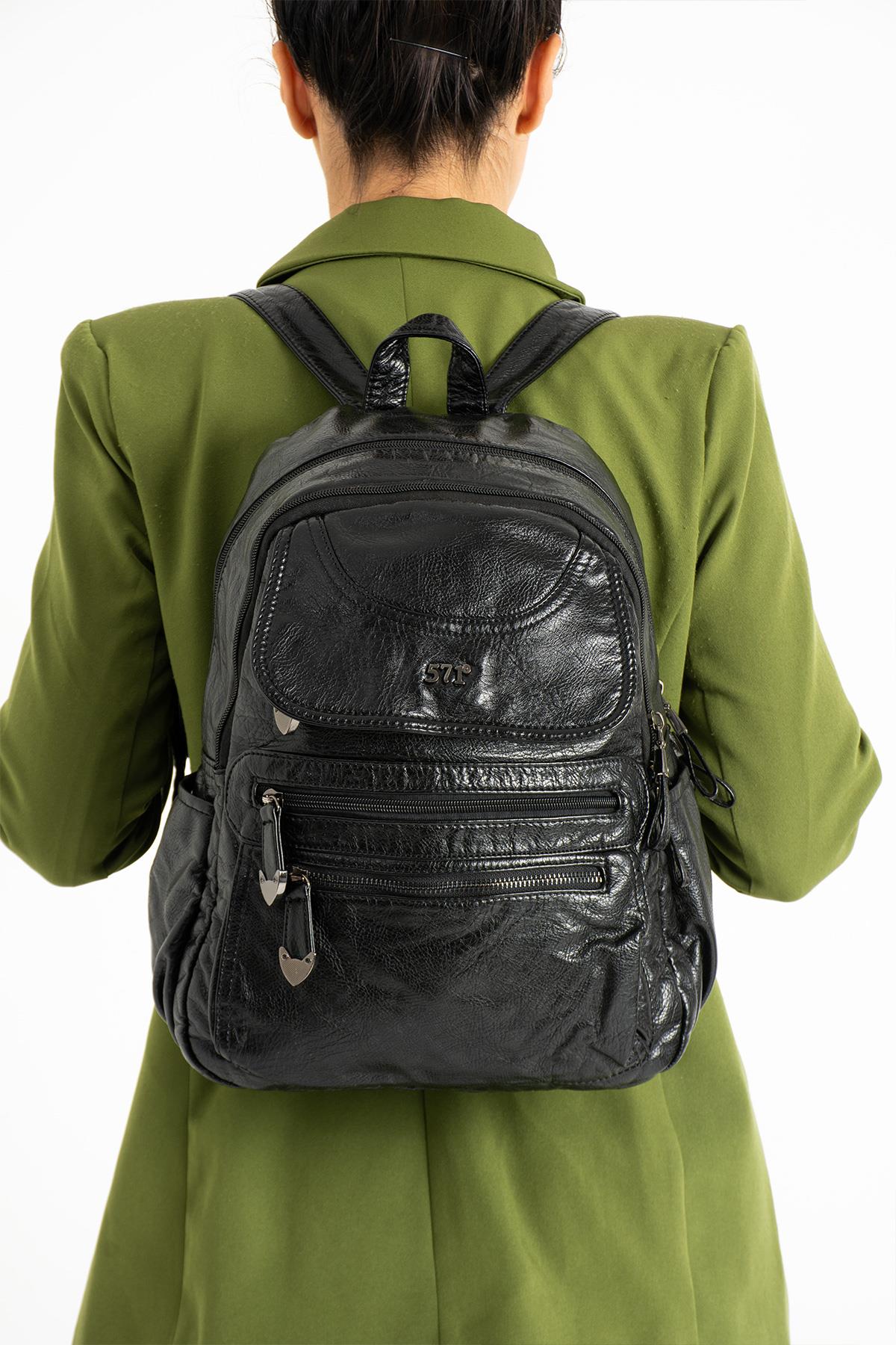 Yıkanmış Deri Sırt Çantası Siyah (Model: 571-11-12G)