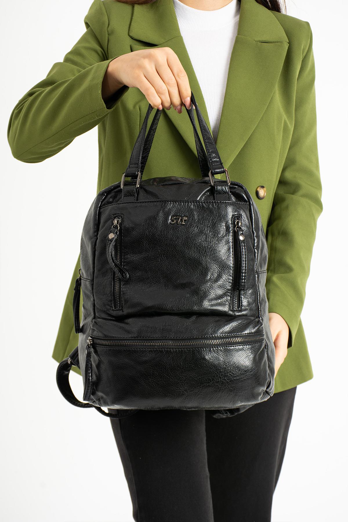 Yıkanmış Deri Sırt Çantası Siyah (Model: 571-9-12D)