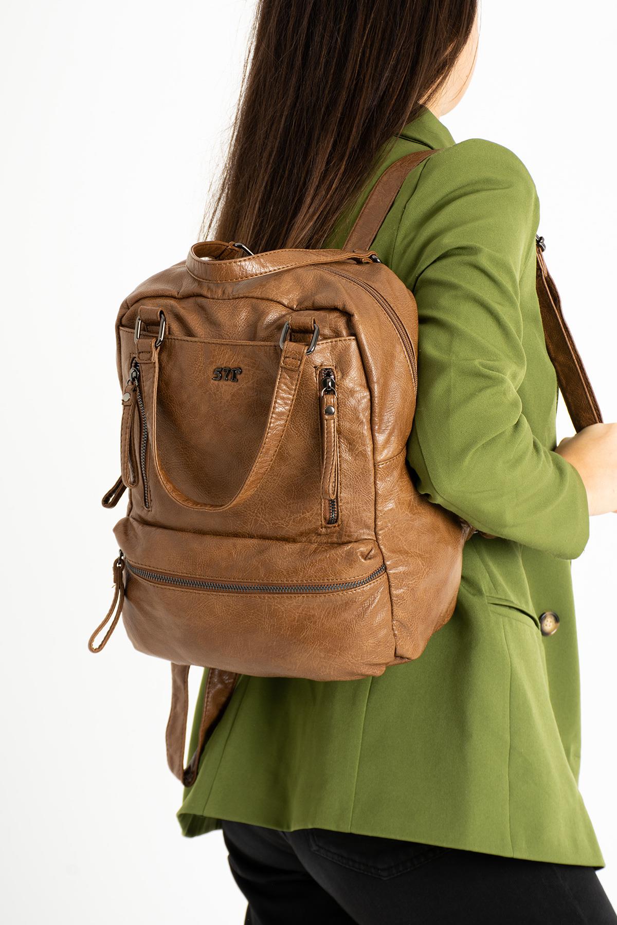 Yıkanmış Deri Sırt Çantası Taba (Model: 571-9-12D)