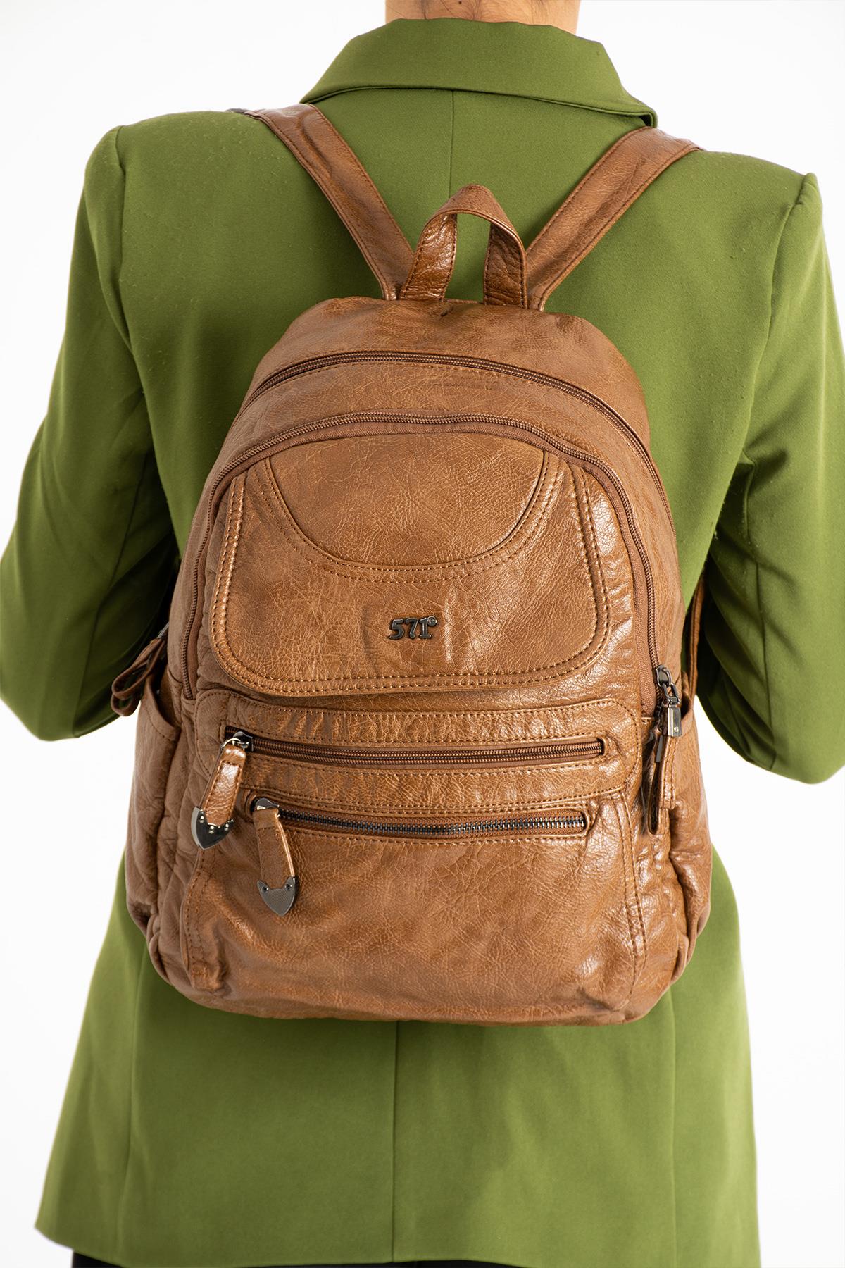 Yıkanmış Deri Sırt Çantası Taba (Model: 571-11-12G)