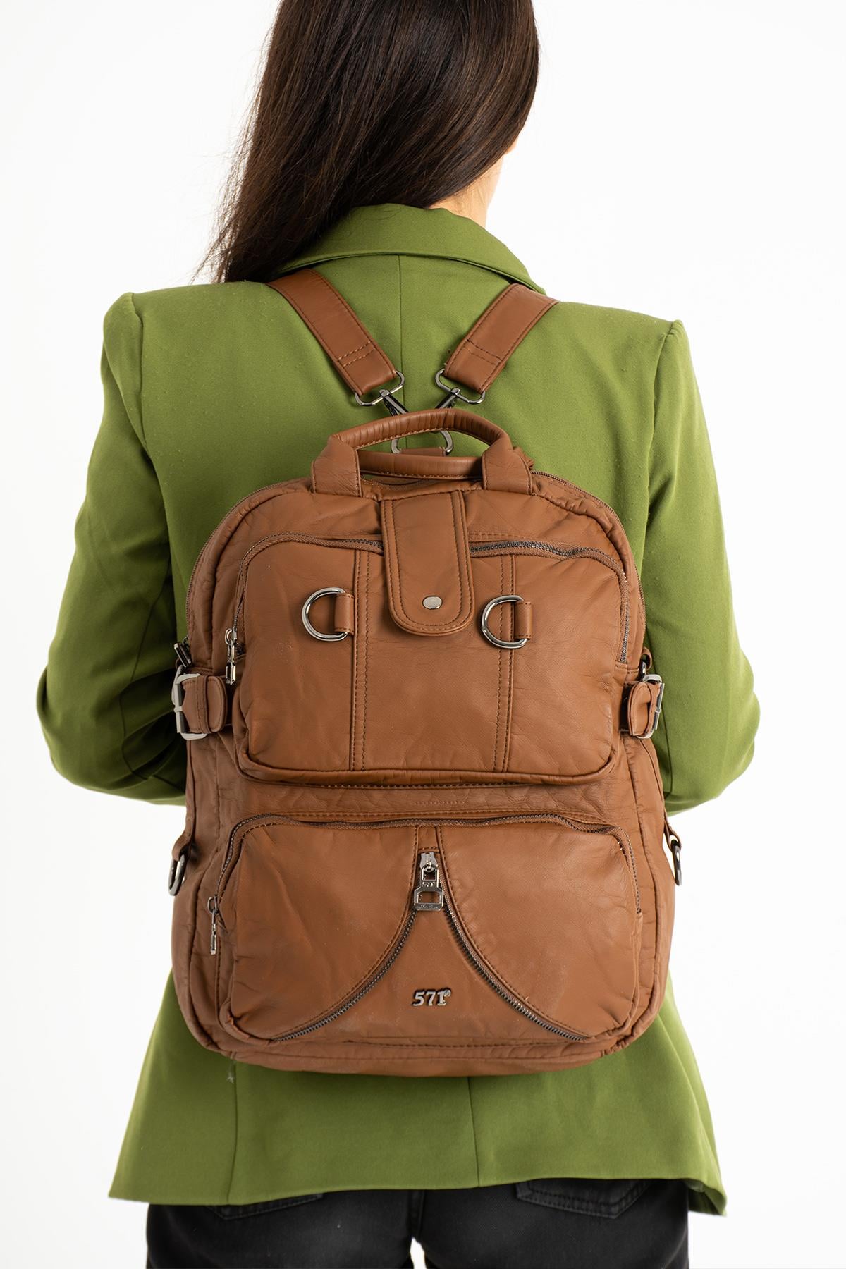 Yıkanmış Deri Sırt Çantası Taba (Model: 571-9-11B) 