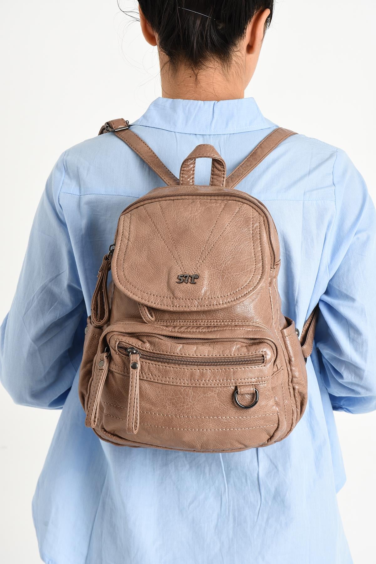 Yıkanmış Deri Sırt Çantası Vizon (Model: 571-11-12H)