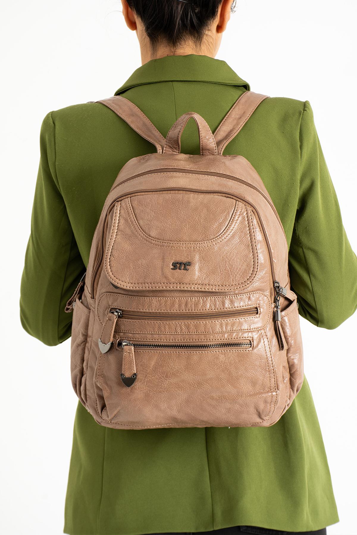 Yıkanmış Deri Sırt Çantası Vizon (Model: 571-11-12G)