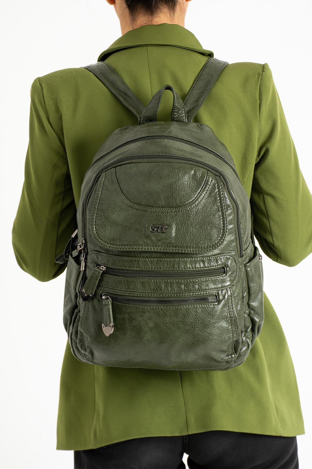 Yıkanmış Deri Sırt Çantası Yeşil (Model: 571-11-12G)