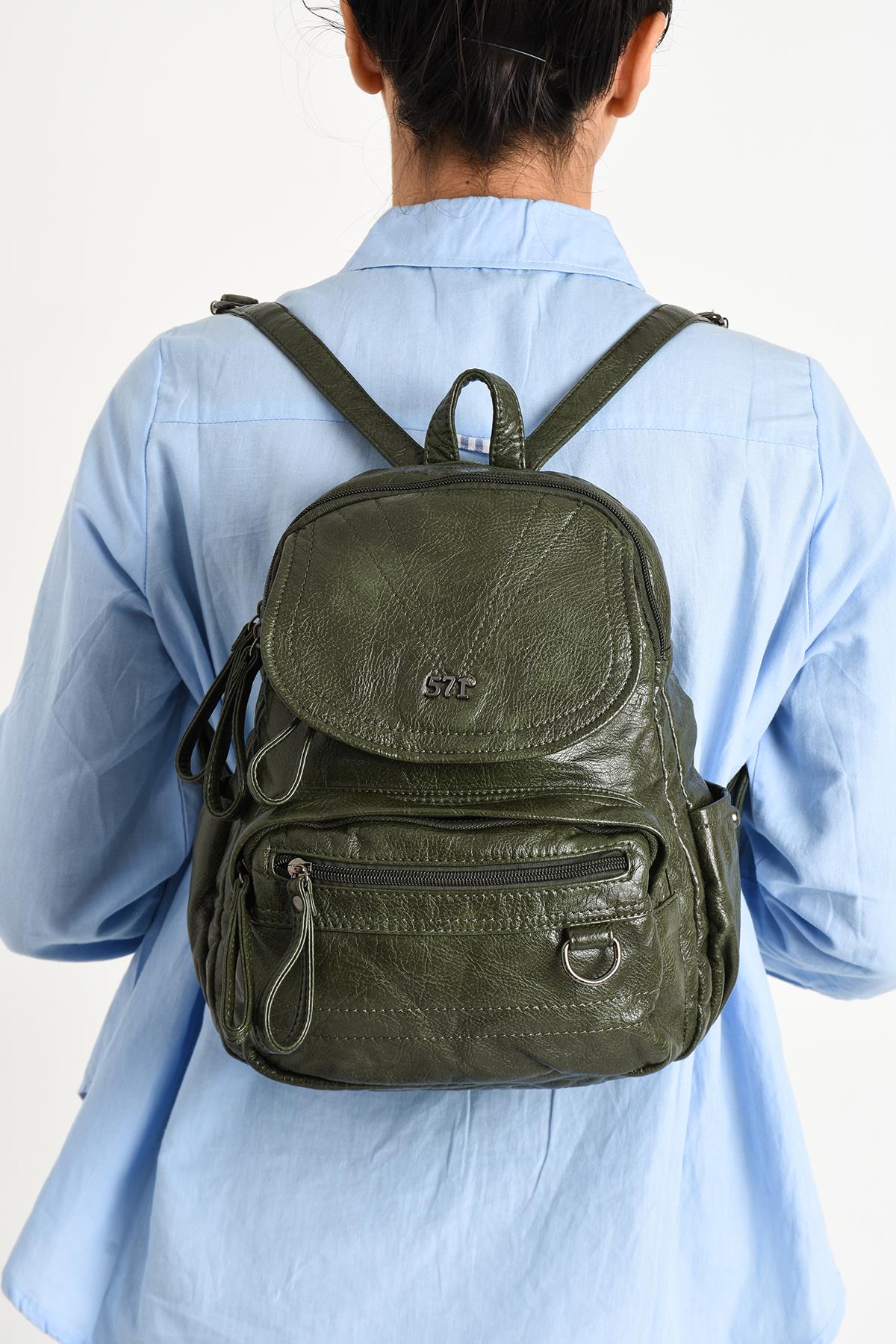 Yıkanmış Deri Sırt Çantası Yeşil (Model: 571-11-12H)