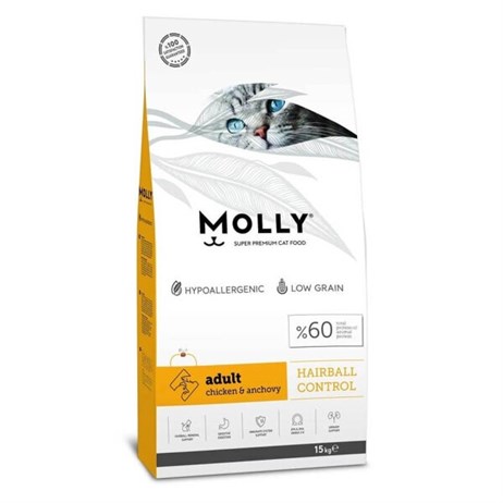 Molly Hairball Control Hypo-Allergenic Tavuklu ve Hamsili Düşük Tahıllı Yetişkin Kedi Maması 15 kg
