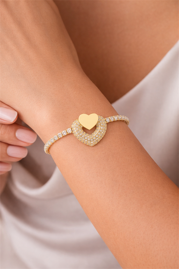 Çift Kalp Detaylı Çelik Bileklik