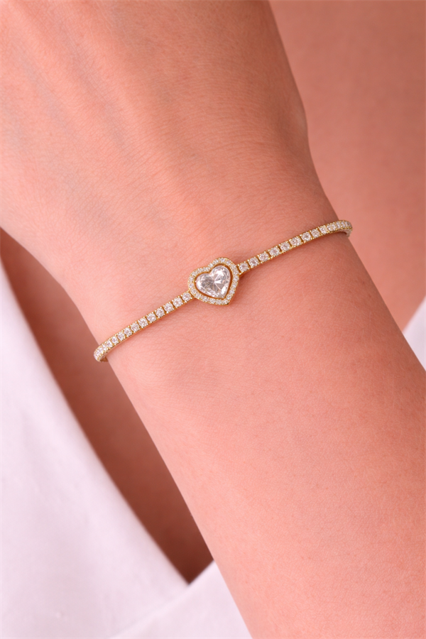 Kalp Tasarım Tek Taş Çelik Bileklik