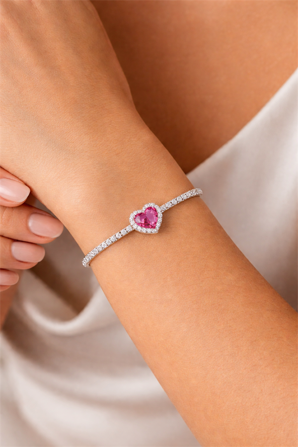 Tek Taş Kalp Detaylı Su Yolu Çelik Bileklik