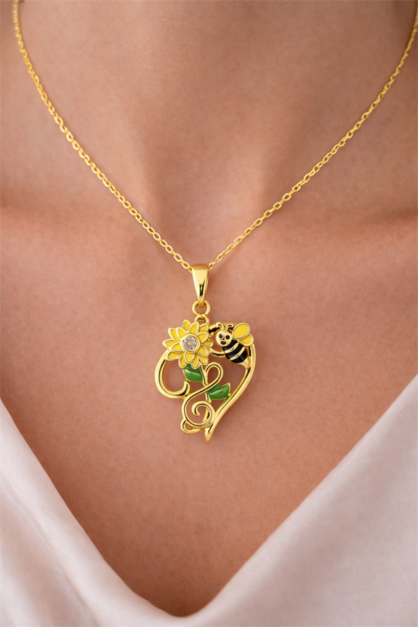 Arı Detaylı Kalp Tasarım Çelik Kolye Ucu