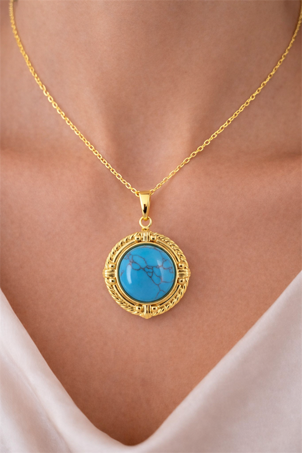 Doğal Taşlı Oval Çelik Kolye Ucu