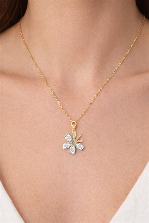 Çiçek Motifli Taşlı Çelik Kolye