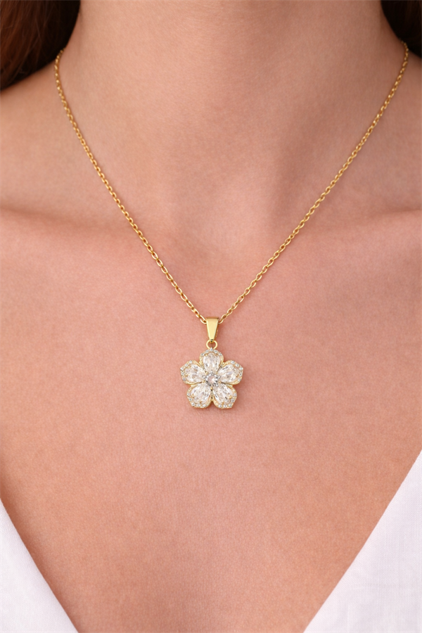 Taş işlemeli Çiçek Motifli Çelik Kolye
