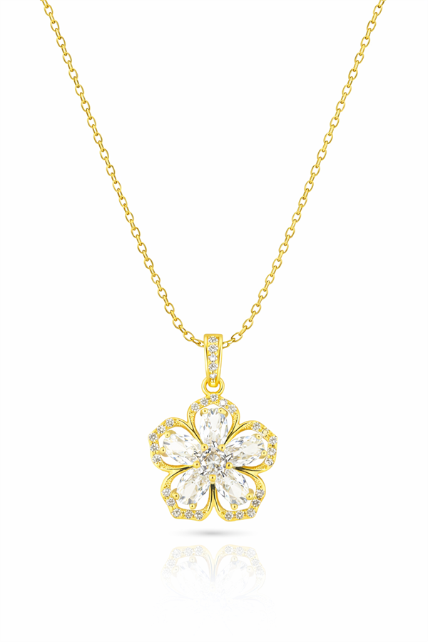 Taş işlemeli Çiçek Motifli Çelik Kolye