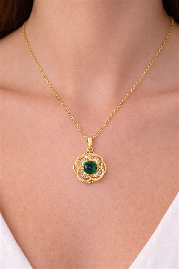 Tek Taş Çiçek Motifli Çelik Kolye