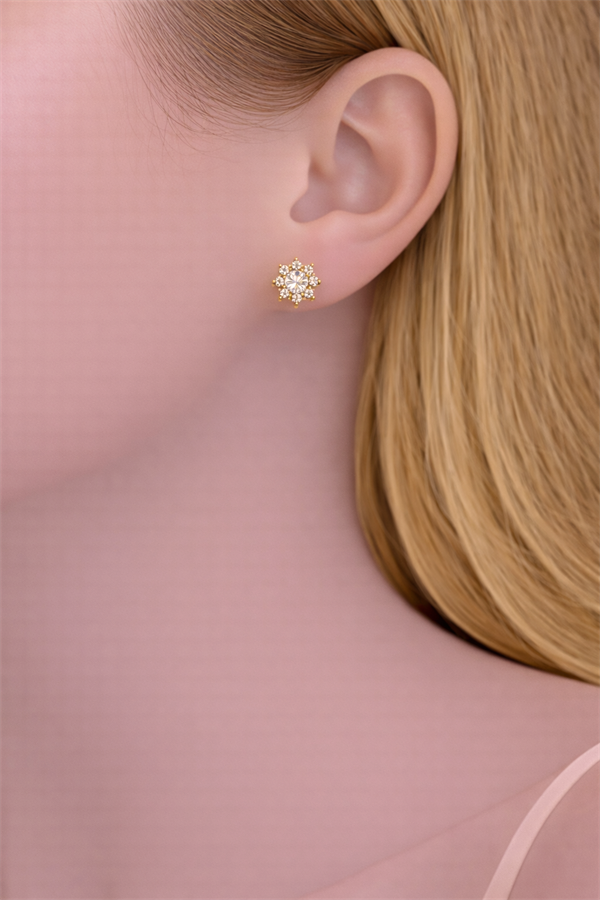 Taş İşlemeli Çiçek Tasarım Çelik Küpe