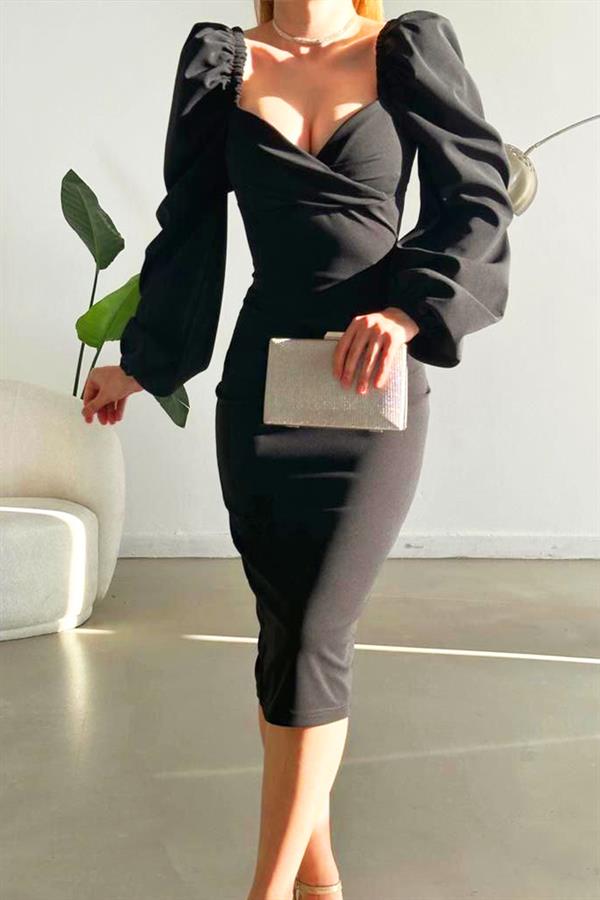 İthal Krep Kumaş Uzun Kol Elbise