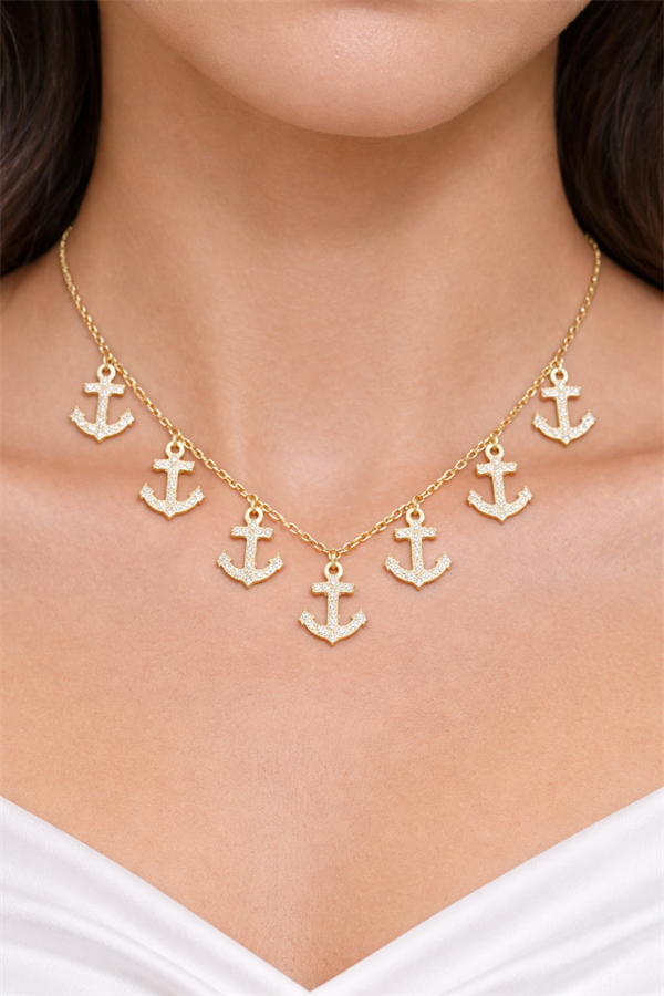 925 Ayar Gümüş Taş Detaylı Çapa Kolye