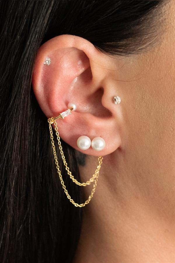 925 Ayar Gümüş Zincir Detaylı İnci Küpe 