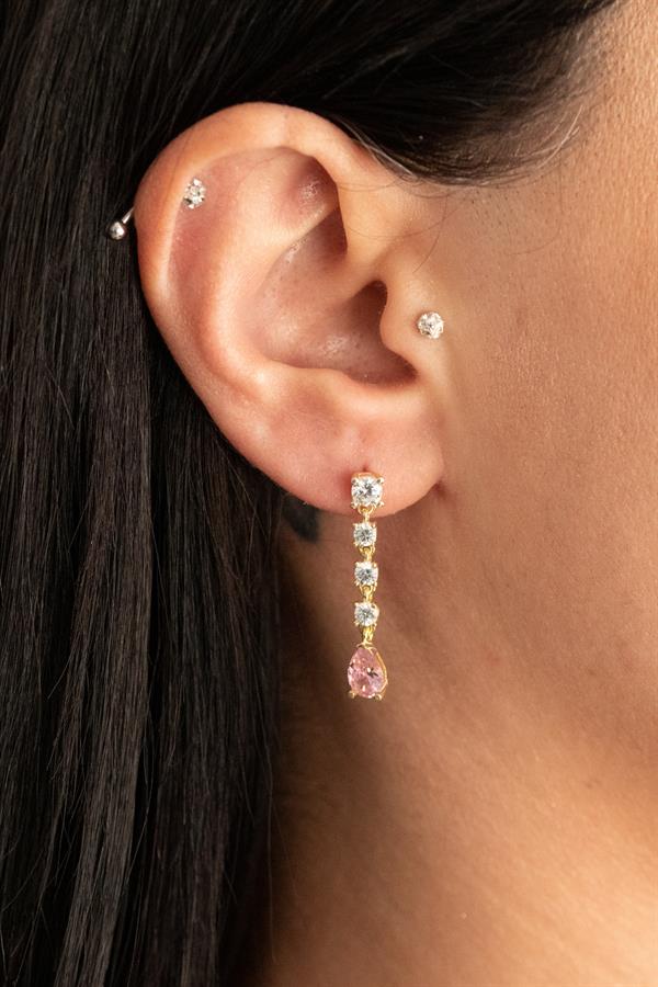 925 Ayar Gümüş Pembe Taş Detaylı Sallantılı Küpe 