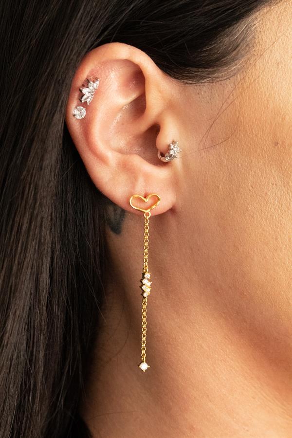 925 Ayar Gümüş Kalp Detaylı Zincir Küpe 