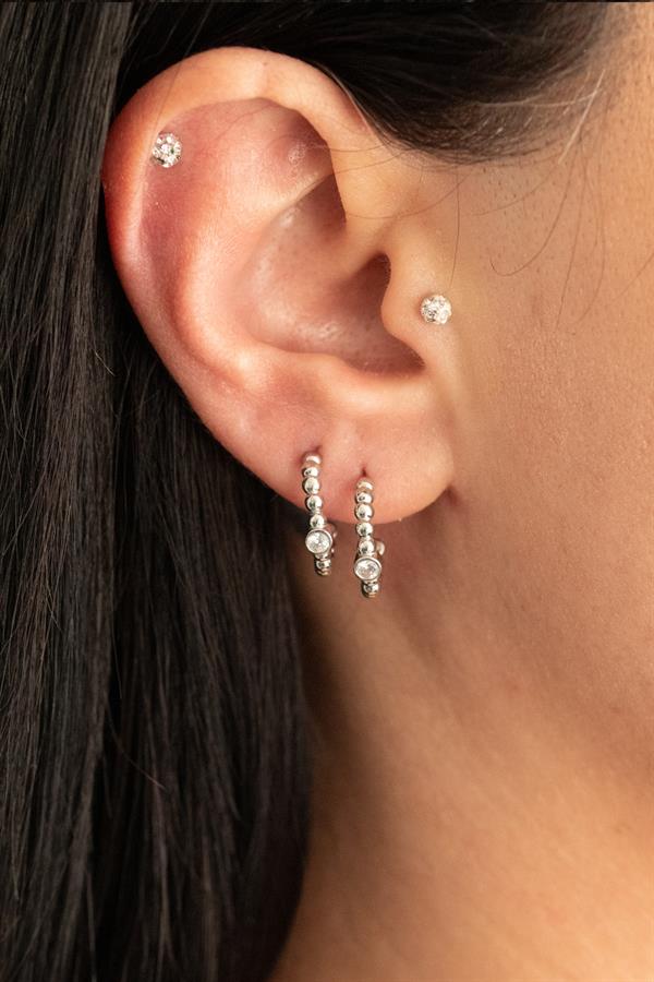 925 Ayar Gümüş Tek Taş Dairesel Tasarım Kanca Küpe 